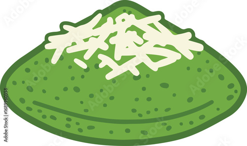 Green pancake with cheese or coconut flakes, suitable for food blogs, recipe cards, breakfast menus, and cooking websites to showcase unique dishes.