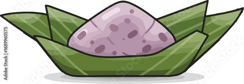 Purple rice cake with green leaves, ideal for food blogs, asian cuisine websites, or recipe card designs with a tropical twist.