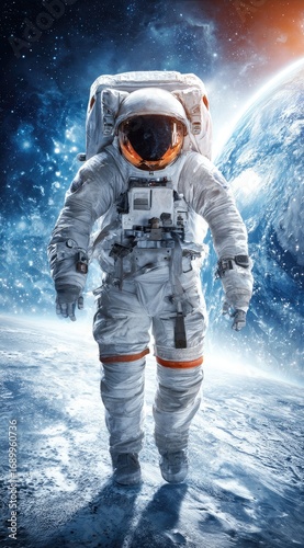 Astronaut in a white spacesuit floats against a background of a vibrant blue and white planet with swirling clouds and a starry galaxy above