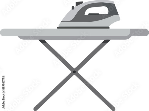 Gray iron on ironing board with crossed metal stand, suitable for laundry or household product concepts in design projects.