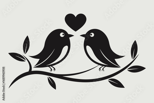 Two cute birds sitting on a tree branch with hearts and flowers vector illustration