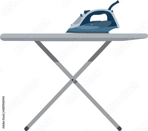 Blue iron on grey ironing board, useful for household, laundry, chores, domestic, appliance, household item, cleaning, ironing, fabric care.