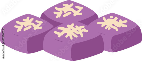 Stack of four ube flavored filipino pastries with toppings, suitable for food blogs, bakery advertising, or social media visuals.