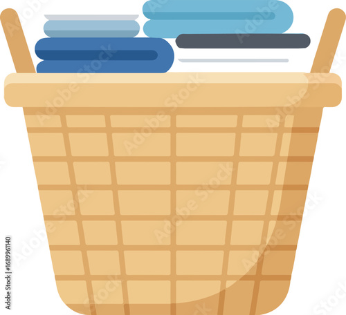 Light brown wicker basket with blue folded textiles  towels and blankets. Perfect for home decor, interior design, or lifestyle blogs.