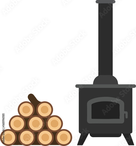 Pile of firewood next to a wood burning stove, cozy home setting, winter warmth, cabin interior, rustic decor, fireplace ambiance.