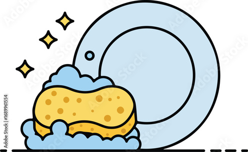 Sponge bubbles, blue plate for cleaning. Ideal for household, cleaning service, kitchen hygiene, dishwashing supply, or household chores concept.