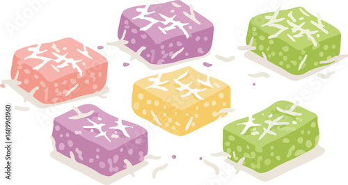 Squares of thai coconut jelly snacks with white toppings suitable for foodie graphics, menus, recipe blogs, and cultural design projects.