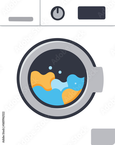White washing machine with water and clothes inside. Suitable for laundry service business promotions, household appliance advertisements, and household chore concepts.