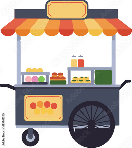 Food cart with snacks and drinks. Suitable for food truck business, street food concept, catering service, outdoor event illustrations.