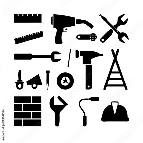 A 15-icon pictogram set showing construction and building tools in clean bold style. Includes hammer, wrench, screwdriver, saw, drill, ladder, helmet, safety vest, crane, wheelbarrow, paint roller, to