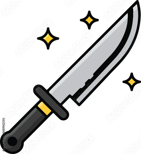 Shiny silver knife with a black handle, perfect for culinary themes, kitchen designs, restaurant menus, and cookingrelated graphics.