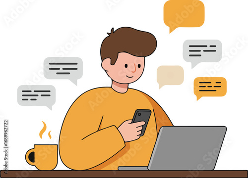Busy man multitasking with phone and laptop, surrounded by text bubbles. Ideal for communication or technologyrelated concepts in design projects.
