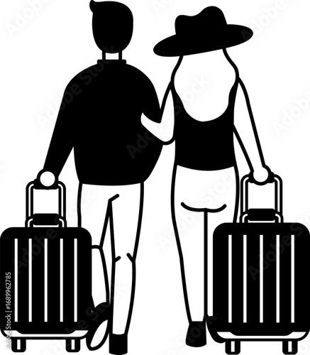 black and white illustration of A couple holding suitcases and walking together