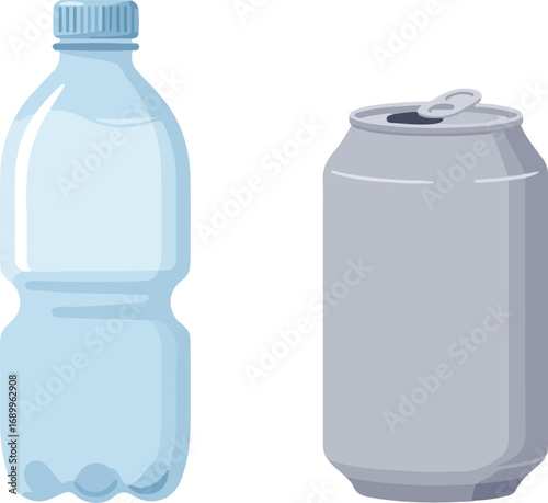 Plastic water bottle and gray aluminum soda can isolated on white background. Ecofriendly concept, recycling campaigns, drink containers comparison.