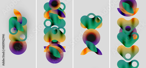 Abstract colorful shapes overlap, creating dynamic compositions. Gradient hues blend, forming fluid vertical arrangements. Minimalist design, modern aesthetic.