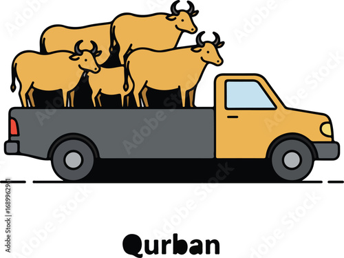 Yellow truck transporting cows for eid aladha. Suitable for religious holiday themes, transportation concepts, and agricultural industries visuals.