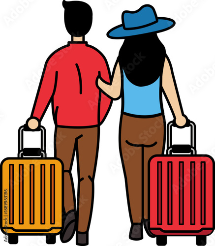 A couple holding suitcases and walking together