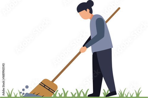 Person sweeping grass with broom. Suitable for gardening, cleaning, outdoor activities, landscaping, ecofriendly concepts, and household tool themes.