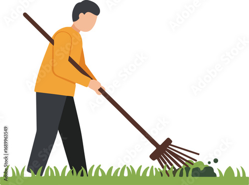 Man rakes leaves on grass with a leaf rake. Suitable for fall yardwork, autumn gardening, outdoor cleanup, seasonal activities.