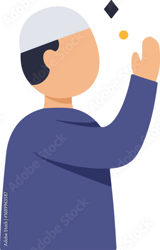 Muslim man in kufi hat praying to allah in devotion. Suitable for islamic religious, spiritual and cultural concepts or designs.
