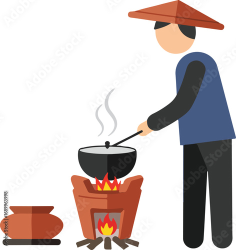 Man in asia cooking over a fire with a conical hat. Suitable for travel blogs and cultural publications.