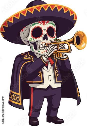 Mariachi Calavera Playing Brass Instrument Vector
