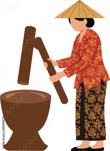 Woman grinding ingredients with a mortar and pestle in traditional attire. Suitable for culinary, traditional recipe, and cultural concepts.
