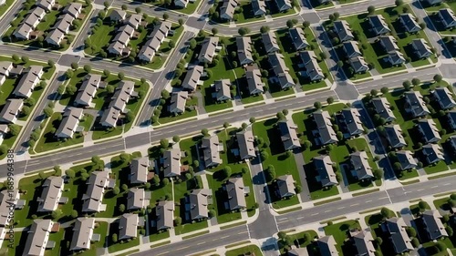 Expansive aerial view captures the organized beauty of a modern suburban neighborhood with neatly arranged homes and manicured lawns, showcasing community development and residential living.