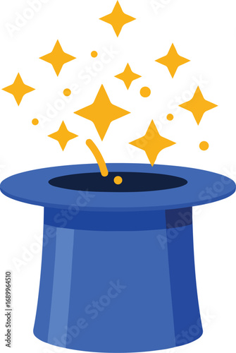 Blue magicians top hat with gold stars emanating from dark interior. Ideal for magical, mystical, or fantasythemed designs and concepts.