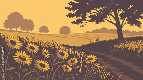 Serene Golden Hour Countryside with Blooming Sunflowers and Winding Trail Amidst Rolling Hills and Silhouetted Trees