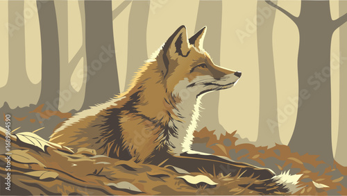 Serene Red Fox Resting in Muted Autumn Forest Graphic Art Illustration