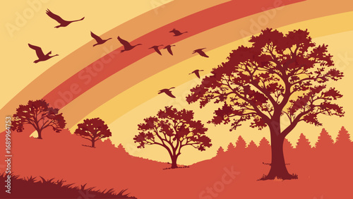 Warm Sunset Landscape with Flying Birds and Tree Silhouettes. Vector illustration of a serene natural scene at dusk or dawn, featuring a vibrant sk...