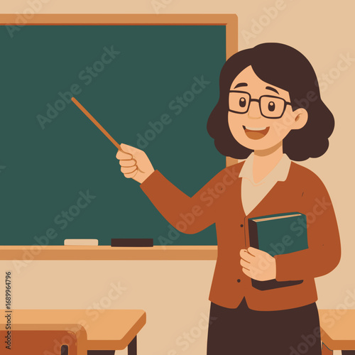 Flat vector illustration of a cheerful teacher pointing at a chalkboard in a classroom