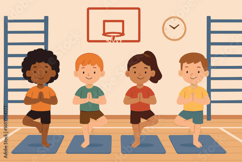 Flat vector illustration of kids doing yoga in a school gym