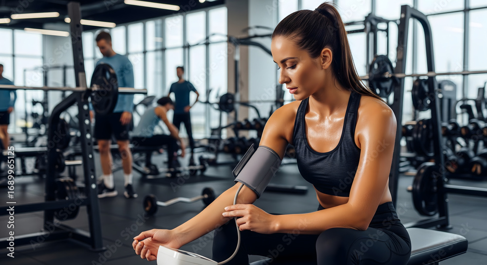 Fototapeta premium woman measures her blood pressure in modern gym, showcasing fitness and health
