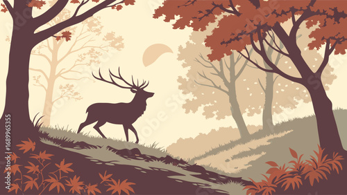 Majestic Stag Roaming a Serene Autumn Forest Landscape Illustration with Warm Earth Tones and Muted Sunlight