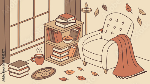Cozy Autumn Reading Nook with Armchair, Books, Hot Drink, and Falling Leaves. Warm Hygge Home Comfort Scene with Mug, Blanket, and Cookies.