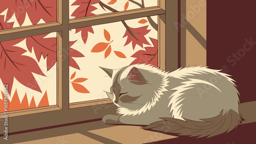 Peaceful Fluffy Cat Napping on a Sunny Windowsill, Bathed in Warm Light with Vibrant Autumn Leaves Visible Outside