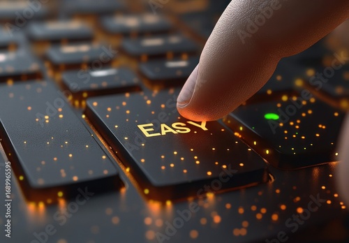 Close-up of a finger about to press a black keyboard key labeled EASY with glowing orange dots around it, conveying simplicity and ease of use