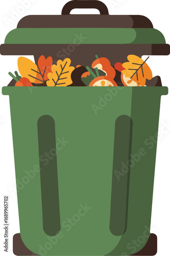 Green trash can filled with leaves and food scraps, suitable for environmental, waste management, composting, and sustainability concepts.