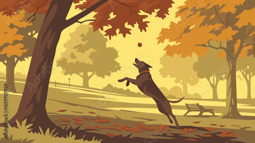 Joyful Dog Leaping to Catch a Ball Amidst Golden Autumn Leaves in a Sunny Park Illustration