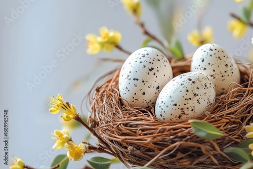 Three speckled white eggs resting in a woven bird nest surrounded by small yellow flowers and green leaves on a soft blurred background