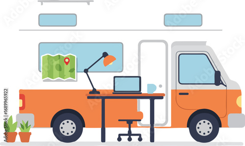 Camper van office design illustration suitable for travel blogs, van life websites, or outdoor adventure businesses. Perfect for digital marketing.