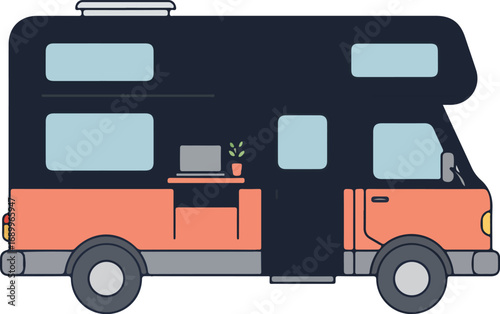 Rv or camper interior with builtin desk for travel or remote work enthusiasts. Suitable for travel blogs, lifestyle websites, or advertising.