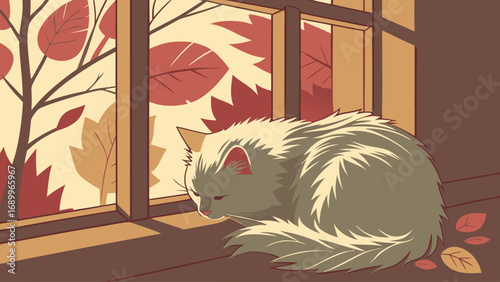 Peaceful White Cat Observing Vibrant Autumn Leaves Through a Windowpane in Warm Tones