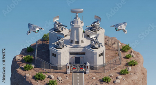 Defense base radar station with turrets and drones for military security and surveillance technology system