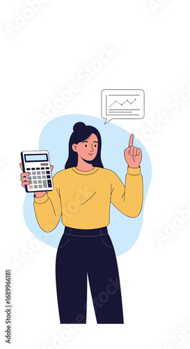 Young woman holding calculator with growing financial chart graphic and pointing upwards