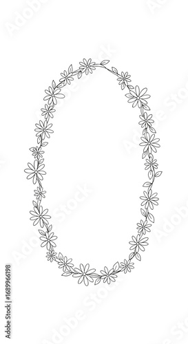 Delicate oval floral frame with tiny blossoms and leaves hand drawn illustration elegant botanical border design