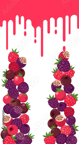 Vibrant burst of fresh berries cascading down with sweet red syrup dripping from above
