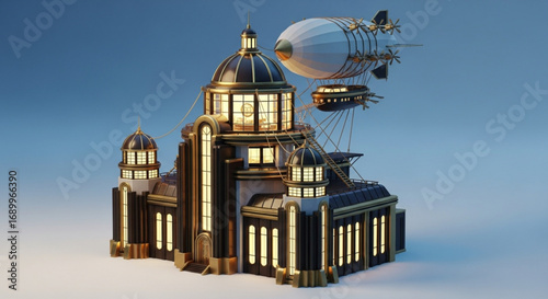 Steampunk architecture building with airship illustration fantasy art and vintage design concept art image